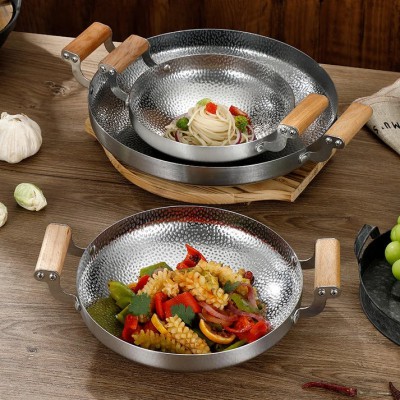 24/26/28cm Stainless Steel Spanish  Pan Wooden Handles Seafood Frying Pan for Gas & Induction Cooker