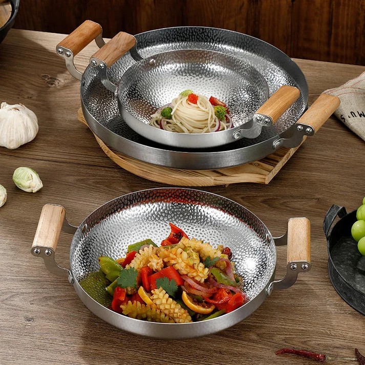 24/26/28cm Stainless Steel Spanish  Pan Wooden Handles Seafood Frying Pan for Gas & Induction Cooker