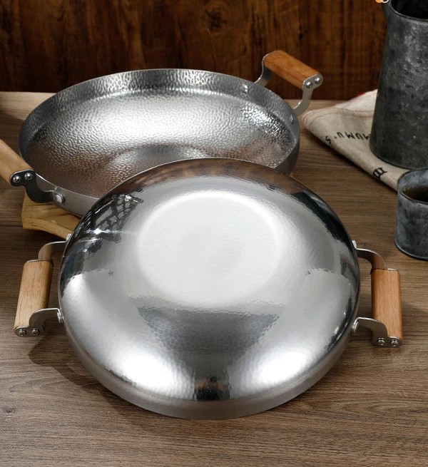24/26/28cm Stainless Steel Spanish  Pan Wooden Handles Seafood Frying Pan for Gas & Induction Cooker