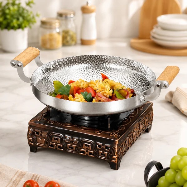 24/26/28cm Stainless Steel Spanish  Pan Wooden Handles Seafood Frying Pan for Gas & Induction Cooker